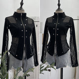 Sleeve Hollow Cross Grid Splicing Coat Coat Women's Spring And Summer Long Sleeves Zipper Open Shirt 8950