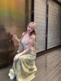 Vintage Tie Dye Sex Hanging Dress Women Summer Seaside Holiday Dress Temperament Waist Thin A-Word Dress