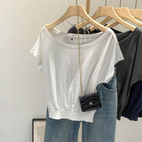 Slanted Shoulder Shoulder Waist White Short-Sleeved T-Shirt Women Summer 2026 New Pure Desire Design Short Top