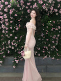 French Romantic Style Word Shoulder Broken Floral Dress Women Summer Holiday Style Bodyd With Hip Fishtail Dress Set Sweet