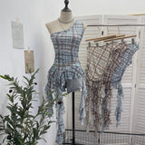 Real Shooting Retro Lattice Hot Diamond Slant Shoulder Vest Summer Irregular Net Yarn Side Hottie Sleeveless Top 8157