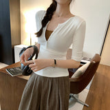 Unique Beautiful Half-Buckle Shoulder Sleeve T-Shirt 2025 New Slim Slim Five-Sleeve Top