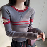 Clamming Striped Gray Hollow Long-Sleeved Sweater Women's Spring And Autumn Design Elastic Inside The Repair Knitted Shirt Top