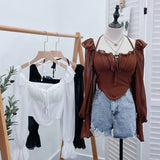 Spice Girls Shoulder-Mounted Neck With Long-Sleeved Chindal Wooden Ear-Deared Shirt Short With Chest Cushion Top 8873