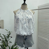 Net Yarn Splicing Printing New Chinese Style Collared With Hanging Neck Buckle Shirt Small Slap Short Vest 9127