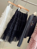 Heavy Industry Wood Ear Net Yarn Tight Waist Cake Mid-Summer New Korean Temperament Fluffy Skirt Layer Yarn Skirt
