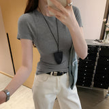 Round Collar Shoulder Short-Sleeved T-Shirt Women's Summer 2025 New Slimming Fish Bone Line Short-Hitting Shirt