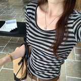 Lyselle Tiansi Design-Striped Mid-Sleeve T-Shirt For Women's Summer 2025 New Five-Point Sleeves Of Beautiful Little Top