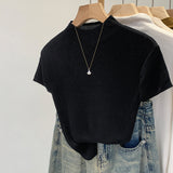 Direct Sale Lyselle Tiansi Half-High Collar Shoulder Short-Sleeved Knitted Shirt Women's Commuting Summer New Single