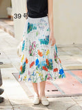 2025 New High-Rise Half-Dress Woman Tight Waist Ink Print Design Sense A-Character Skirt In The Long Folded Skirt