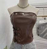 Real Shot PU Leather Wrap Chest Blouse Rock Locomotive Punk With Chest Cushion Heavy Metal Buckle Corset 2782