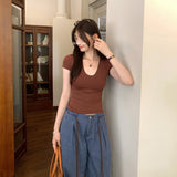 Korean Super-Look U-Neck Shoulder Short-Sleeved T-Shirt Girl 2025 Summer Thin Slimming Unique Beautiful Blouse
