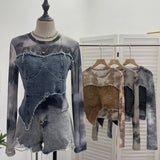 Vintage Dye Mesh Spliced Denim Shoulder Long-Sleeved T-Shirt T-Shirt T-Shirt Dress 2617