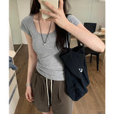 Basic Low Round Necker Insert Shoulder Sleeves T-Shirt Women Summer Solid Color Big Necktip Repair Slim Thin Commuting Top