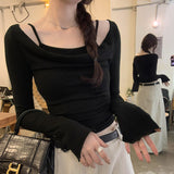 Real Shooting Picture Fake Two Slings A Word Shoulder Folded Shoulder Long-Sleeved T-Shirt Early Autumn New Korean Short Top