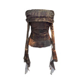 Guangzhou Women's Clothing Mesh Printing Shoulder Folded Horn Long-Sleeved T-Shirt Ribbon 1568
