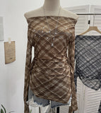 Vintage Lattice Mesh Long-Sleeved T-Shirt Irregularly Drifted Y2k Oblique Shoulder Short Top 8073