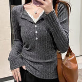Temperament Fake Two Lace Lace V-Neck T-Shirt Girl Spring And Autumn 2026 New Pure Desire To Put On The Bottom Shirt Top