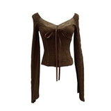 Real Shooting Merard Wind Strapted Bow Splicing Lace Pure Desire Blouse Folding Body Short Blouse 6015
