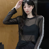 Purely Chic Unique Hottie Sexy Mesh Stripe Spliced Long Sleeve Sunscreen Shirt Design Sense Of Niche Top Woman