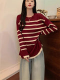 Autumn And Winter Lazy Wind Stripe Round Collar Blouse Korean Chic Chic Age Reduction Long-Sleeved Loose Knitted Shirt Woman