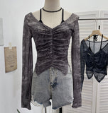Hanging Neck Tie With Fake Two-Piece Mesh Printed Long-Sleeved Top Irregular Folding Repair Short T-Shirt 8877