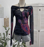 Spice Girls Slapout Twisted Kinesi Hanging Neck Mesh Printing Unique Design Long-Sleeved T-Shirt Embanded Backclothed 2772