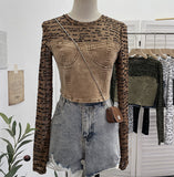 Real Shooting Hottie Letter-Print Mesh Spliced Cowboy Long-Sleeved Bottom Shirt Blouse Short T-Shirt Girl 2623