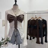 Real Shooting V Tie With Retro 2025 New Hottie Sexy Lace Splicing Pu Leather Hollow Shirt Top 6108