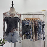 Solid Shooting Tie-Dye Print Spliced Denim T-Shirt Girl Autumn Design Sense Irregular Hair Side Short-Sleeved Top 2617