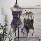 Leopard-Print Spliced Lace Ribbon Hanging Neck Irregular Sling Vest Sleeveless Top 1852