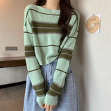 Short Knitted Shirt Women Spring Autumn Korean Chic Style Wearing Striped Hit-Bottomed Shirt Lazi Long-Sleeved Top