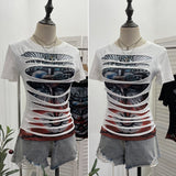 Vintage Rock Gothic 2025 Summer Dress Hole Design Feel Short-Sleeved Printed T-Shirt 26961