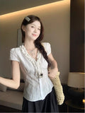 French Retro Lotus Side Short-Sleeved Shirt Woman 2026 Summer New White Chic Waist Thin Shirt Top