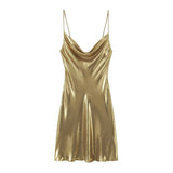 Spring 2025 New Fashion Temperament Low-Collar Bare Back Metallic Sling Dress Woman
