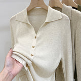 Designing A Small-Sized Collar Long-Sleeved Knitted Shirt Women 2026 Spring And Autumn Pure Color Shirt Bottom Sweater