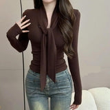 2026 Korean Version Of Simple To Wear Pure Temperament Tight Short V Tie With Long-Sleeved T-Shirt Slimming Top
