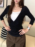 Vintage Black V-Necked Two Long-Sleeved T-Shirt Women In Early Autumn Slimming Inside The Bottom Of The Leisure Blouse Tide
