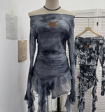 Vintage One-Word Shoulder Long-Sleeved T-Shirt Babes Net Embroidery Irregular Ribbon Dress 12901