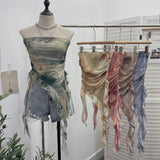 Tie Dyed Lotus Leaf Edge Mesh Shaft Irregular Ribbon Thin Belt Wrapped Bra Vest Top 9956