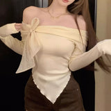 Small Fragrant Wind Bow Bottom Knitted Shirt Long Sleeve Autumn And Winter Single Shoulder Pure Desire Red Top Inside Put On The Inside