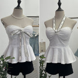 Small Fragrant Wind With Hanging Neck Bow Sling Vest Short High-Waist Shoulder Tector Blouse 2613