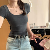European Goods Explosion With Breast Pad Hot Girl Collar Shoulder Short-Sleeved T-Shirt Girl 2025 Summer New Dress Short Top