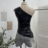 Sexy One-Shoulder Sleeveless Vest Pu Leather Side Zipper Repair Short Sleeveless Top 8116