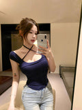 Pure Hot Girl Low Collar Bosom Shoulder Hanging Neck Repair Short-Sleeved T-Shirt Girl Summer Tight Short-Carved Shoulder Coat