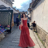 2025 New Leisure Temperament To Pick Up Thin Skin Spliced Red Lattice Long Sling Dress Women's Holiday Style