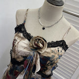 Real Shoot Hottie Design Lace Splicing Dizzy Oil Painting Irregular Ribbon Sleeve Sleeveless Top 1208