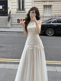 Gentle Style Lace Splicing Mesh Dress Summer Temperament Slim Sleeveless Vest Long Dress New Female