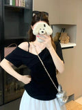 Red Shoulder Oblique Shoulder Short Sleeve T-Shirt 2026 Summer Large Fat Mm Thinch Waist Unique Beautiful Top