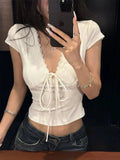 Black Lace V-Neck Short-Sleeved T-Shirt For Girls Summer New Sweet Hottie Beautiful Short Blouse